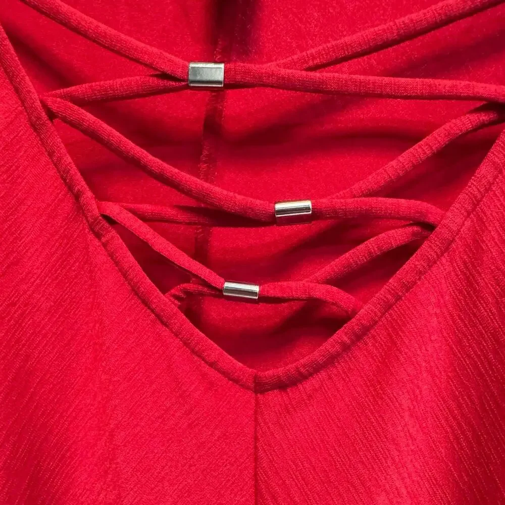 Alyx Red Lattice Ruched Sleeves Shark Bite Hem Top Plus Size 3X - Picture 4 of 5
